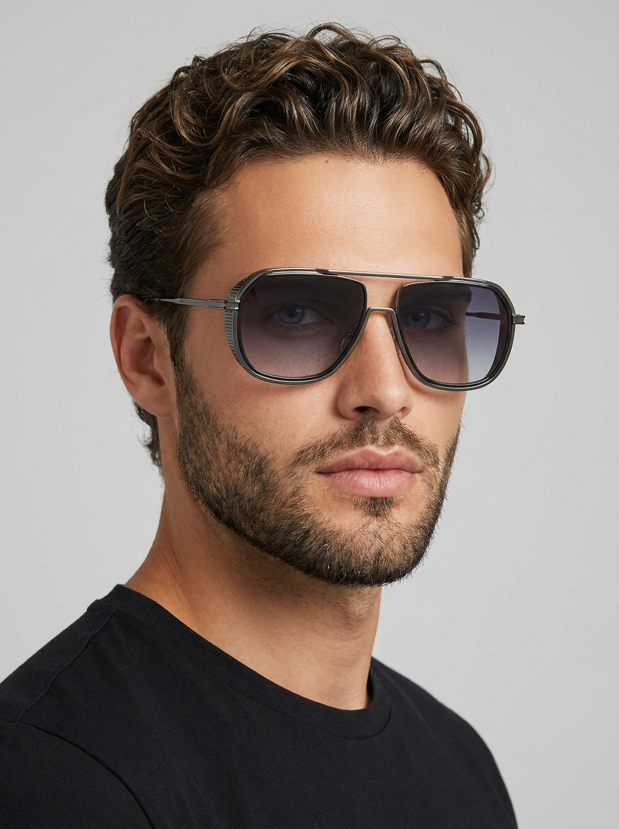 Square aviator sunglasses with a gold frame