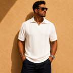 Men's white open knit shirt with a polo collar