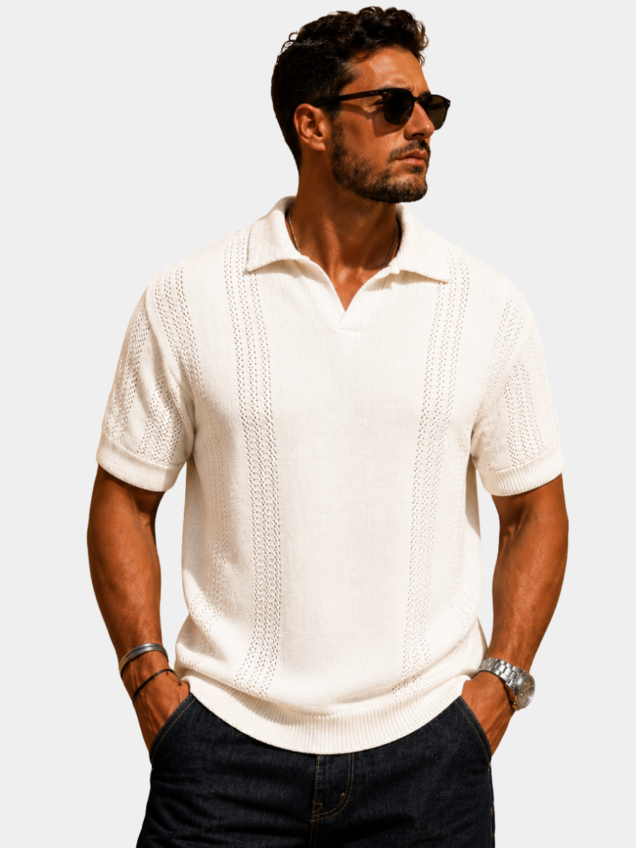 Men's white open knit shirt with a polo collar