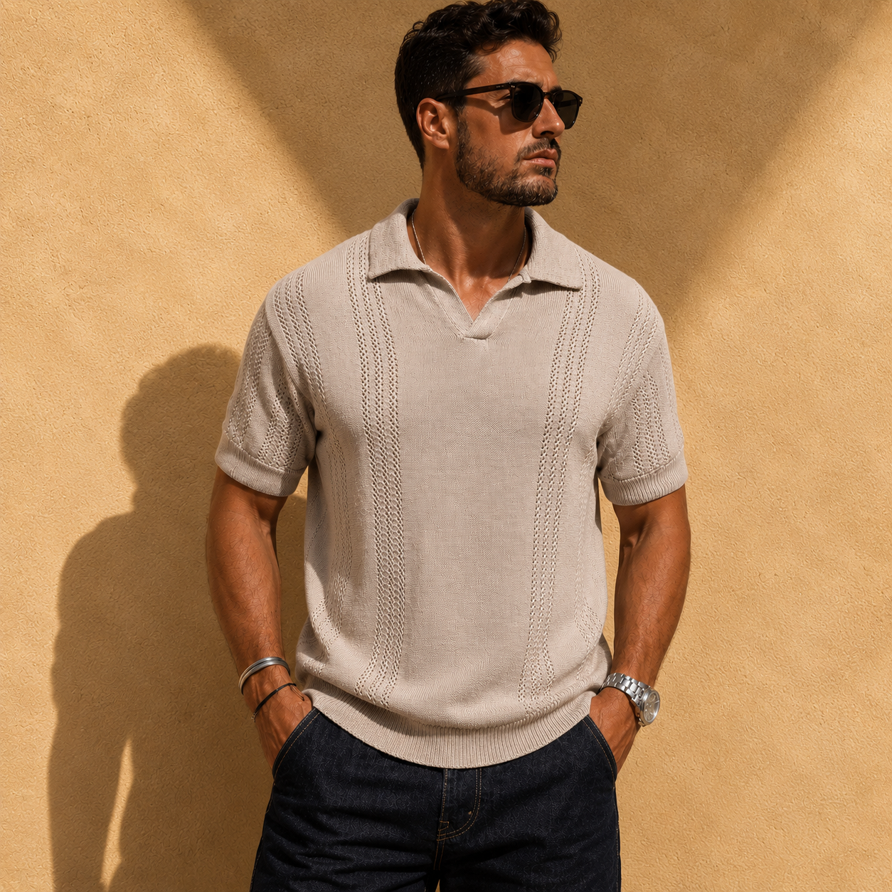 Men's white open knit shirt with a polo collar
