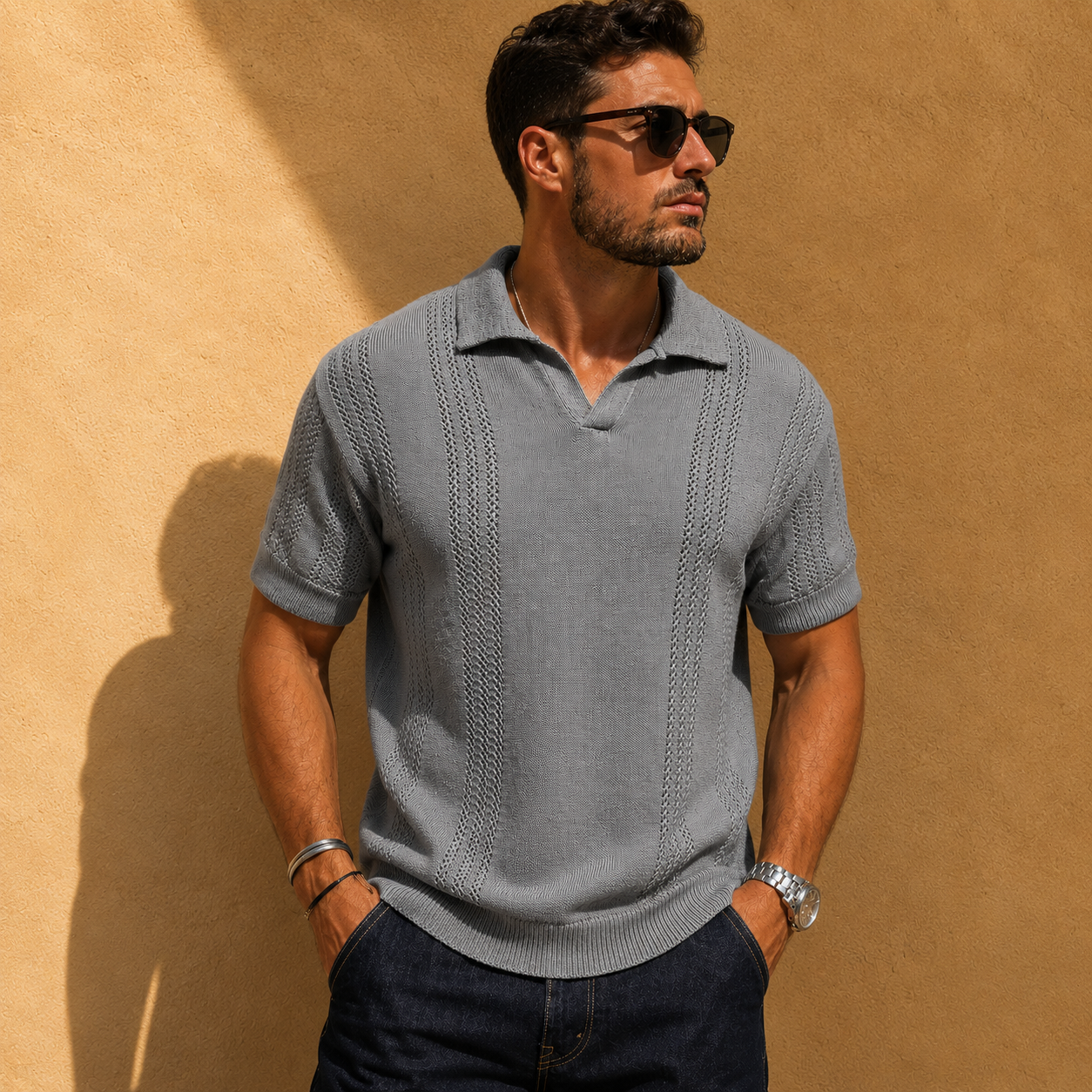 Men's white open knit shirt with a polo collar