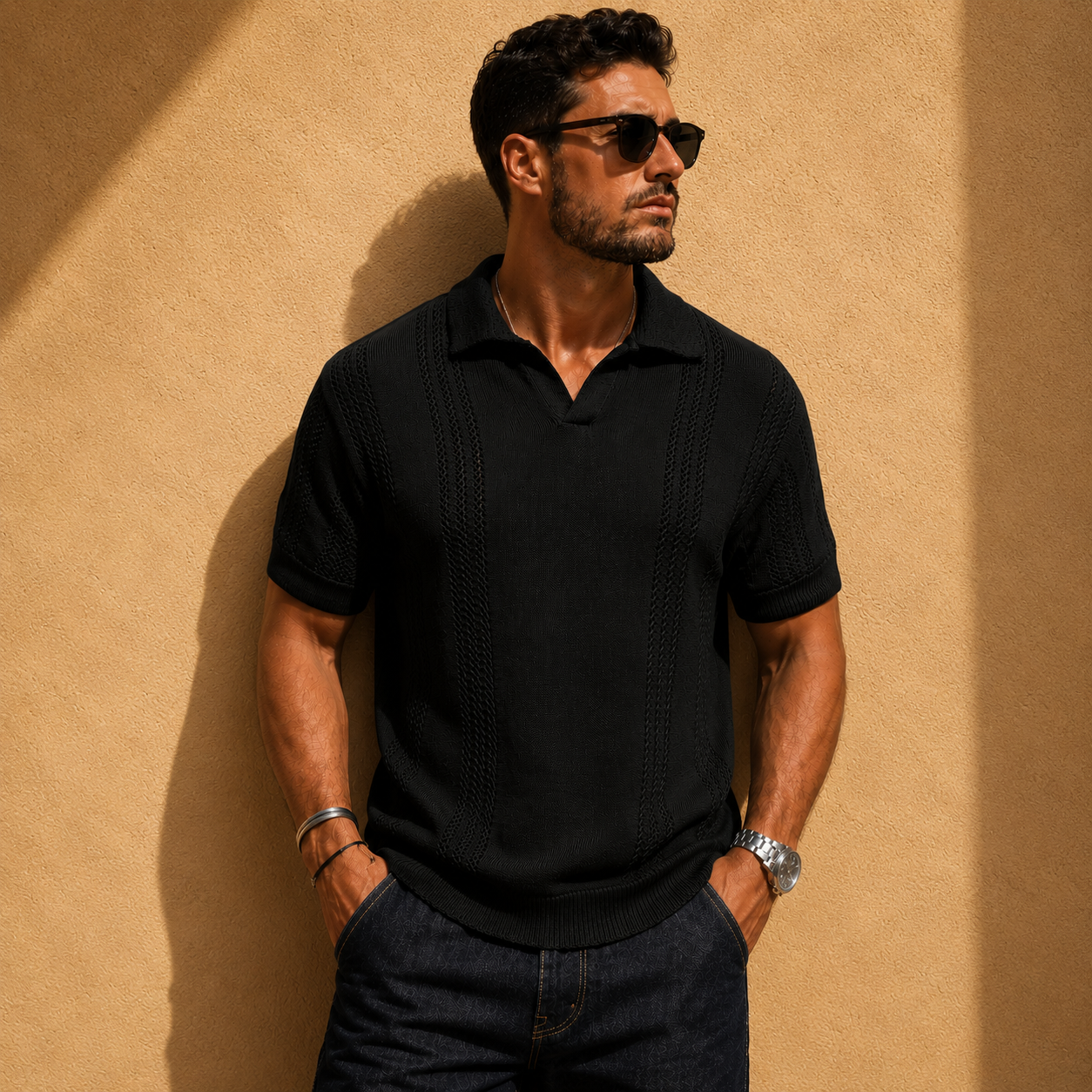 Men's white open knit shirt with a polo collar