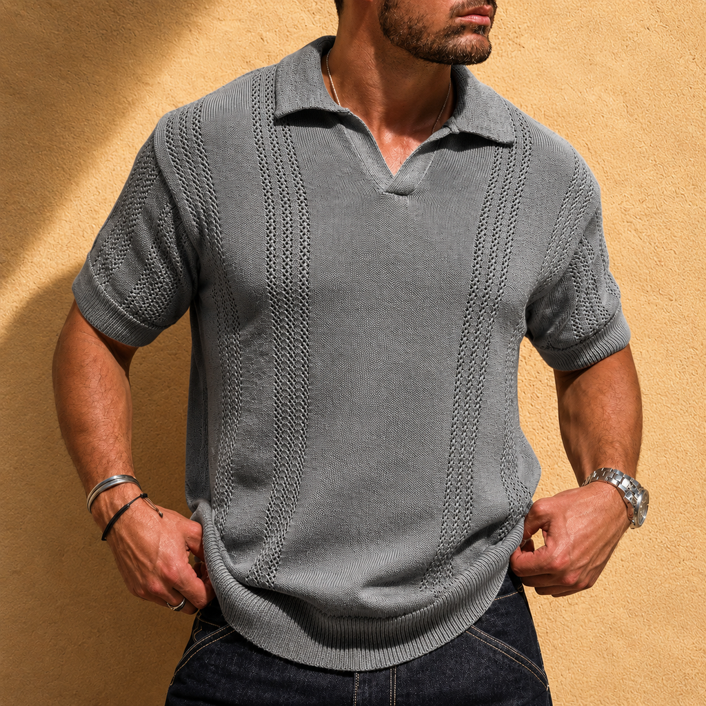Men's beige open knit shirt with a polo collar