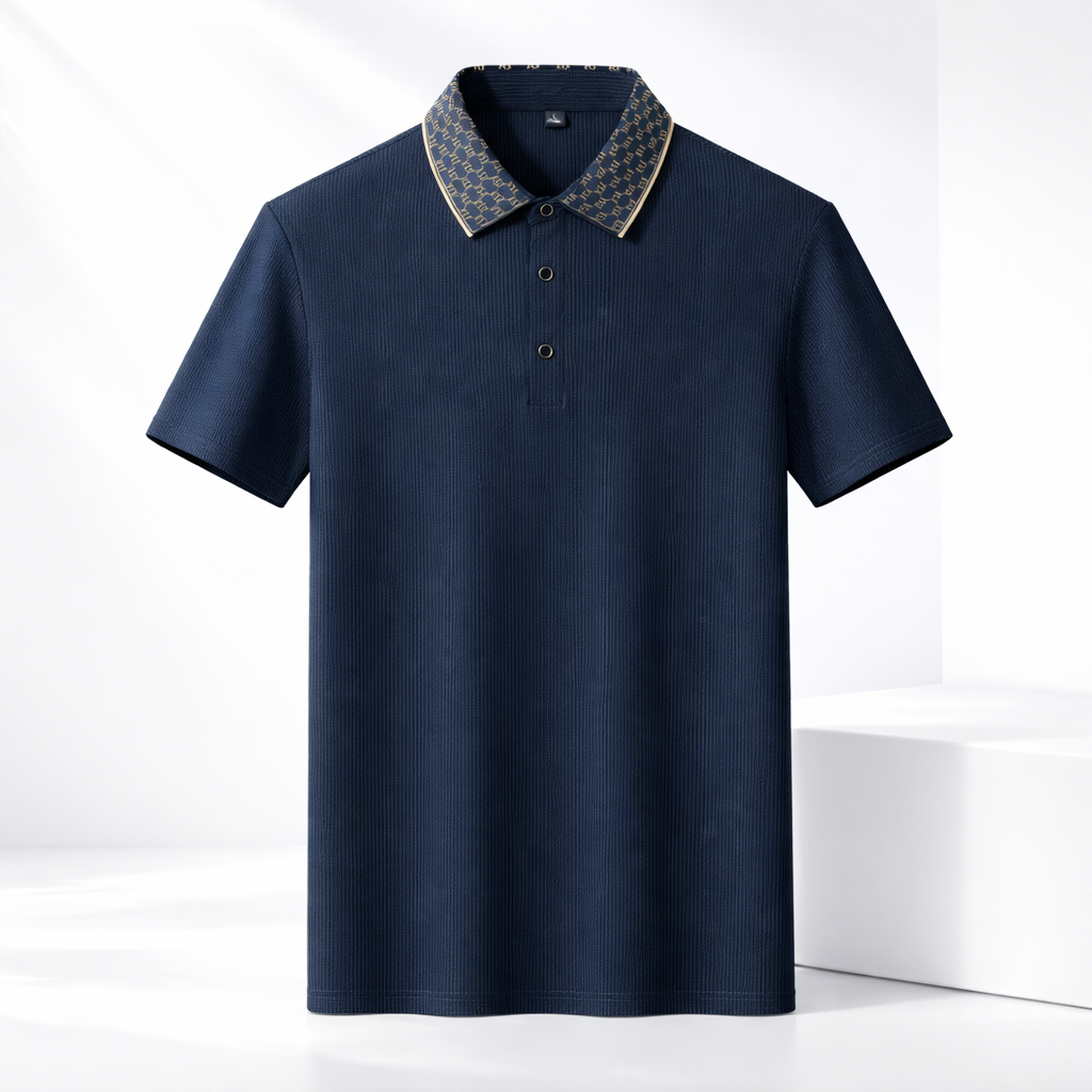 Men's navy blue contrast collar polo shirt with vertical texture