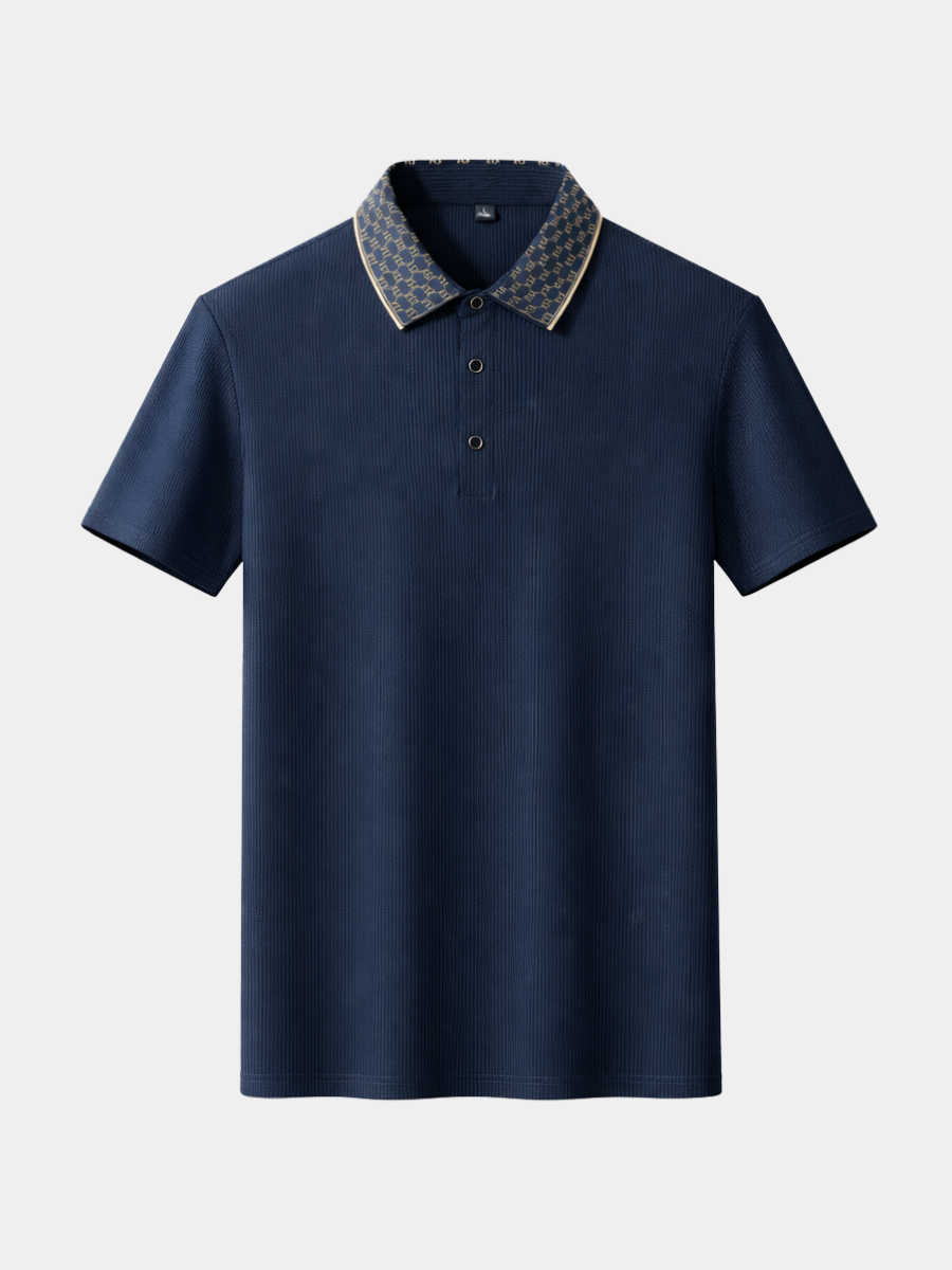 Men's navy blue contrast collar polo shirt with vertical texture