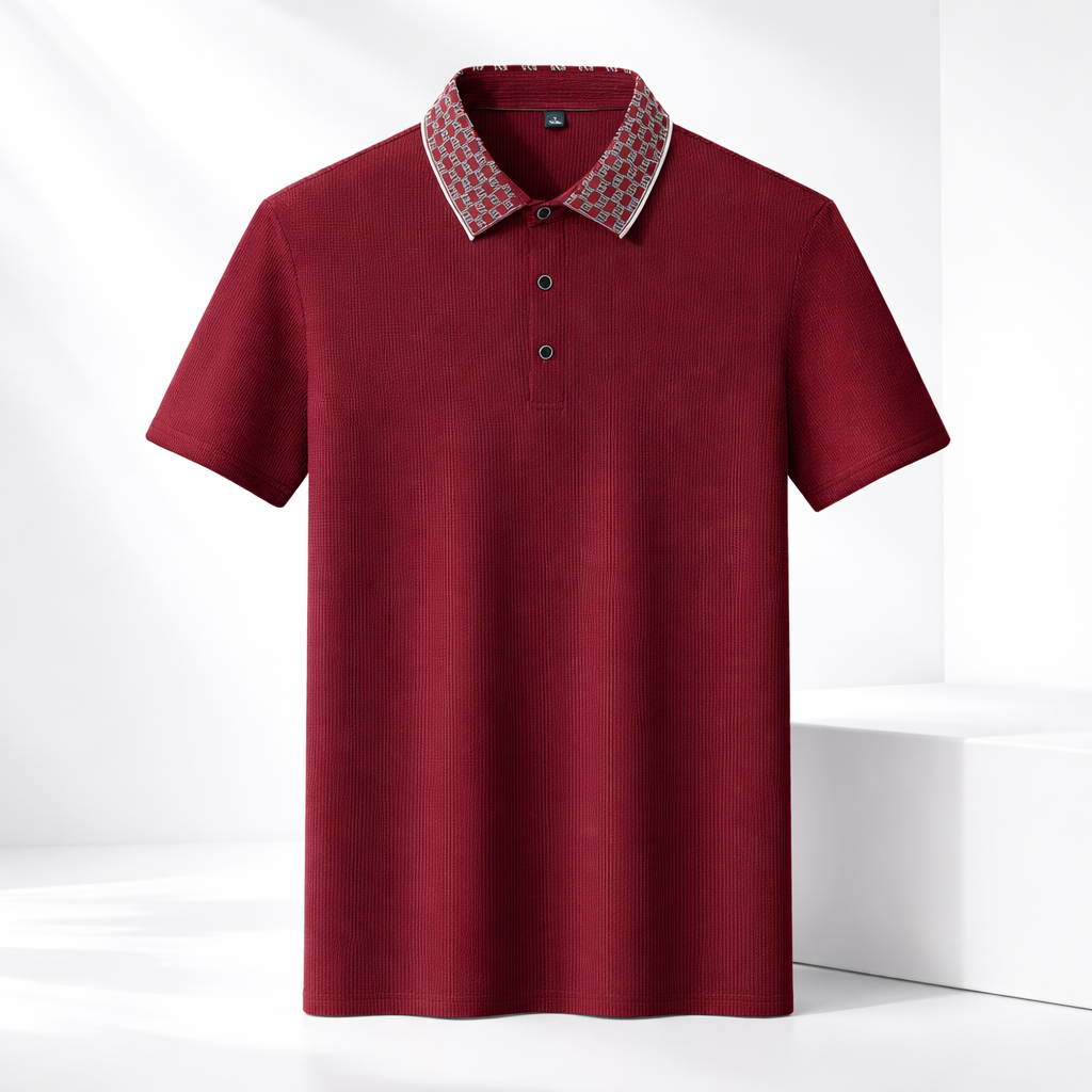 Men's navy blue contrast collar polo shirt with vertical texture