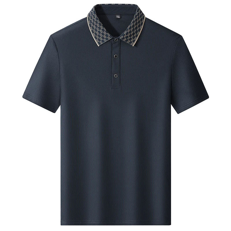 Men's navy blue contrast collar polo shirt with vertical texture