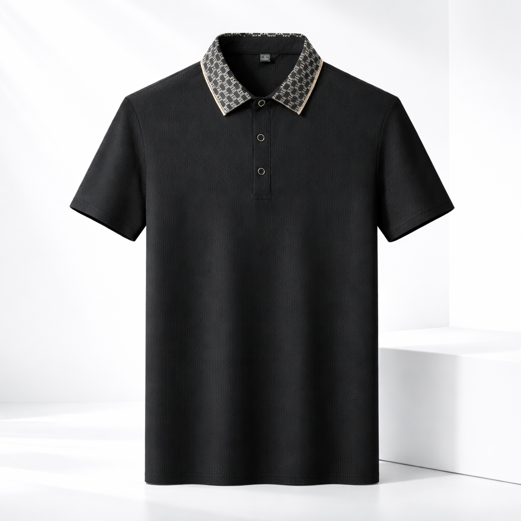 Men's navy blue contrast collar polo shirt with vertical texture