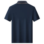 Men's navy blue contrast collar polo shirt with vertical texture