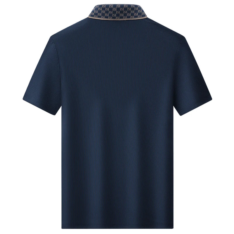Men's navy blue contrast collar polo shirt with vertical texture