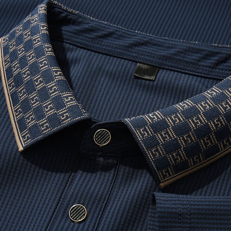 Men's navy blue contrast collar polo shirt with vertical texture
