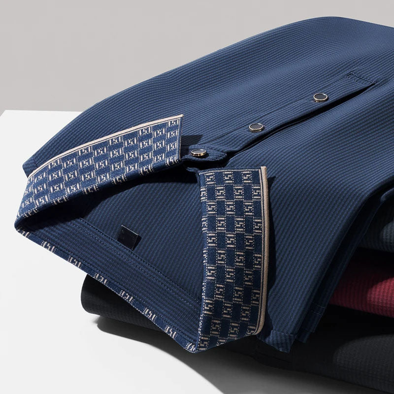Men's navy blue contrast collar polo shirt with vertical texture