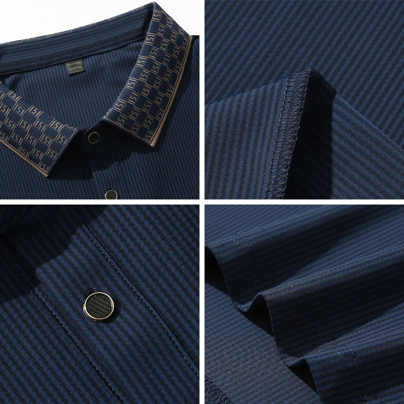 Men's navy blue contrast collar polo shirt with vertical texture