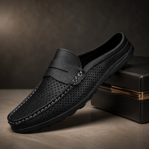 Men's black perforated slip-on loafers with a flexible sole