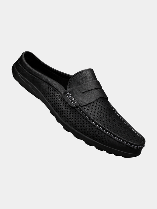 Men's black perforated slip-on loafers with a flexible sole