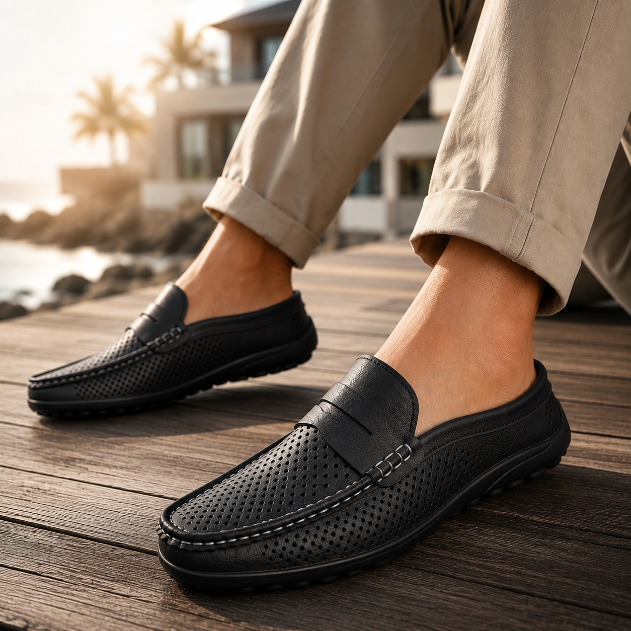 Men's black perforated slip-on loafers with a flexible sole