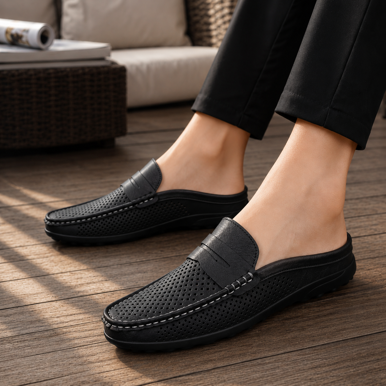 Men's black perforated slip-on loafers with a flexible sole