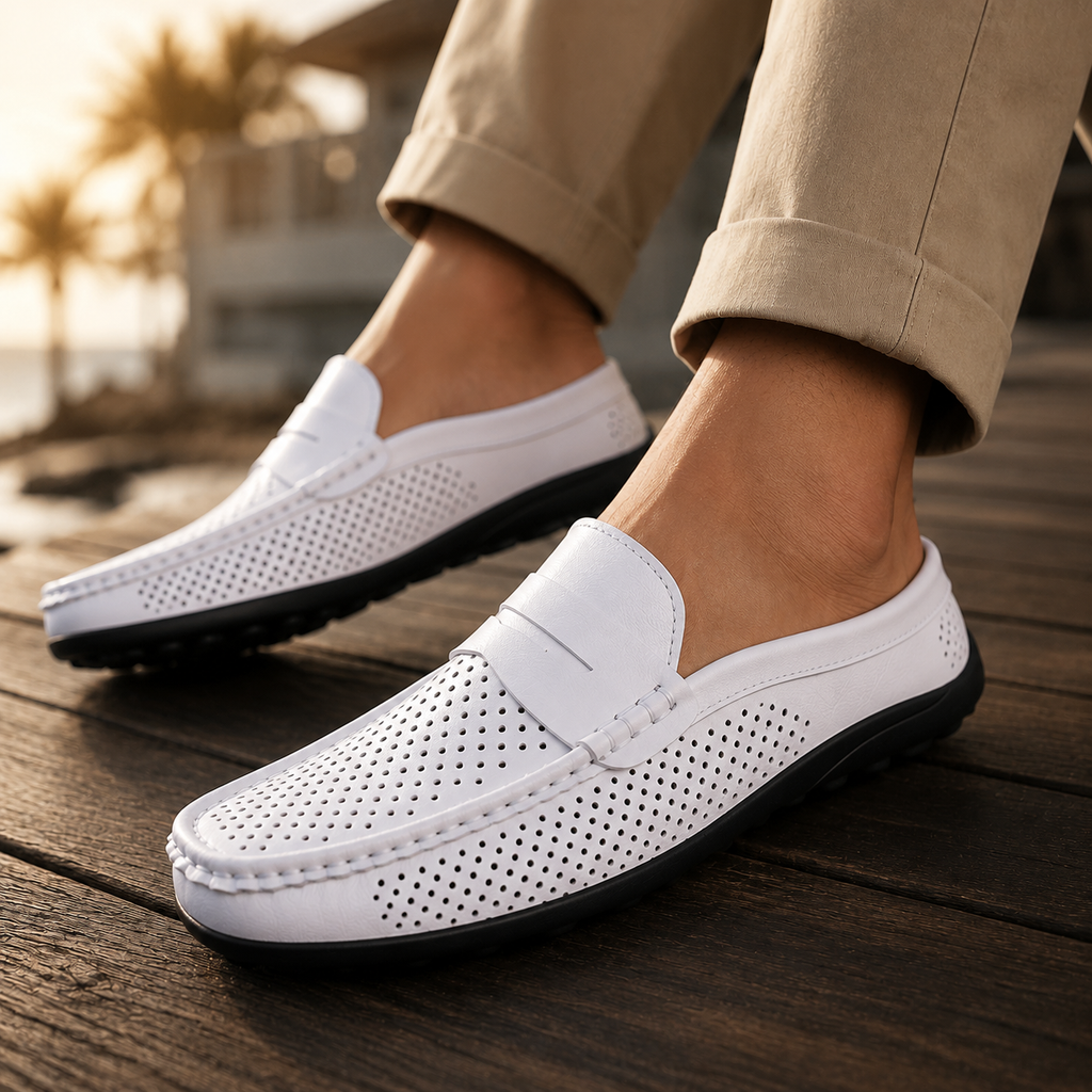 Men's black perforated slip-on loafers with a flexible sole