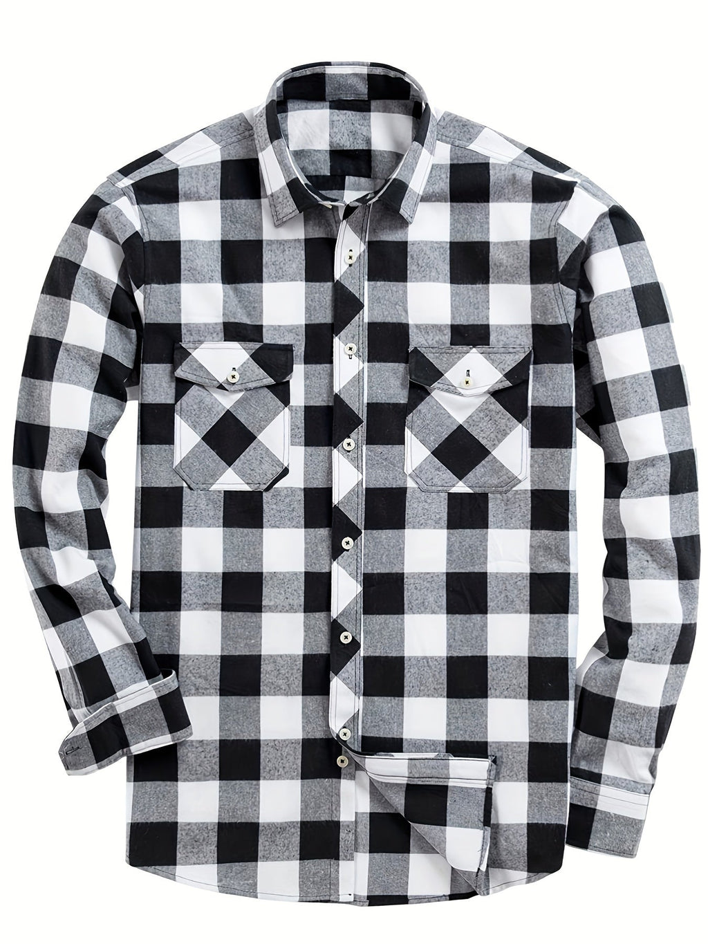 Men's white plaid flannel check shirt with long sleeves