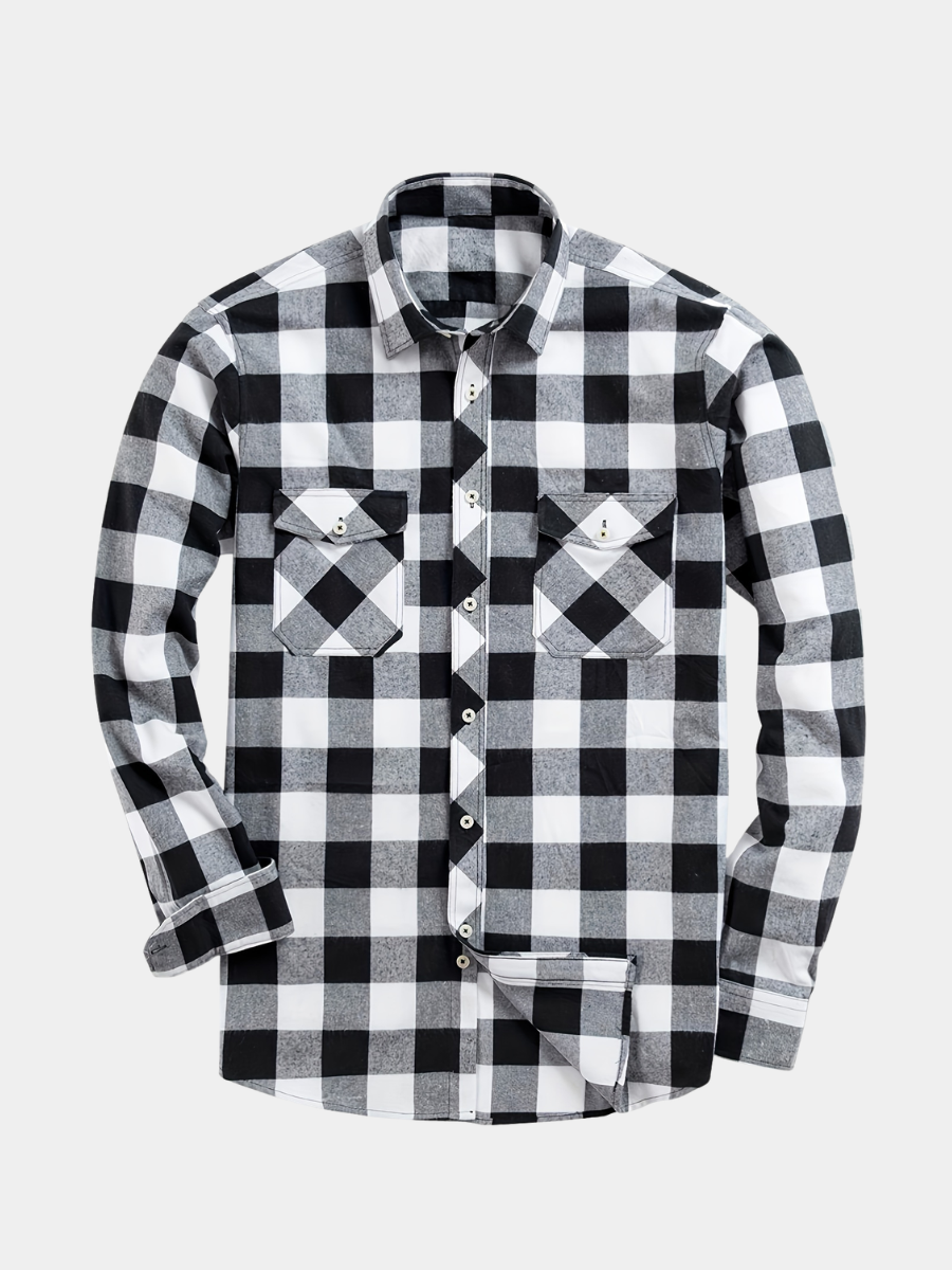 Men's white plaid flannel check shirt with long sleeves