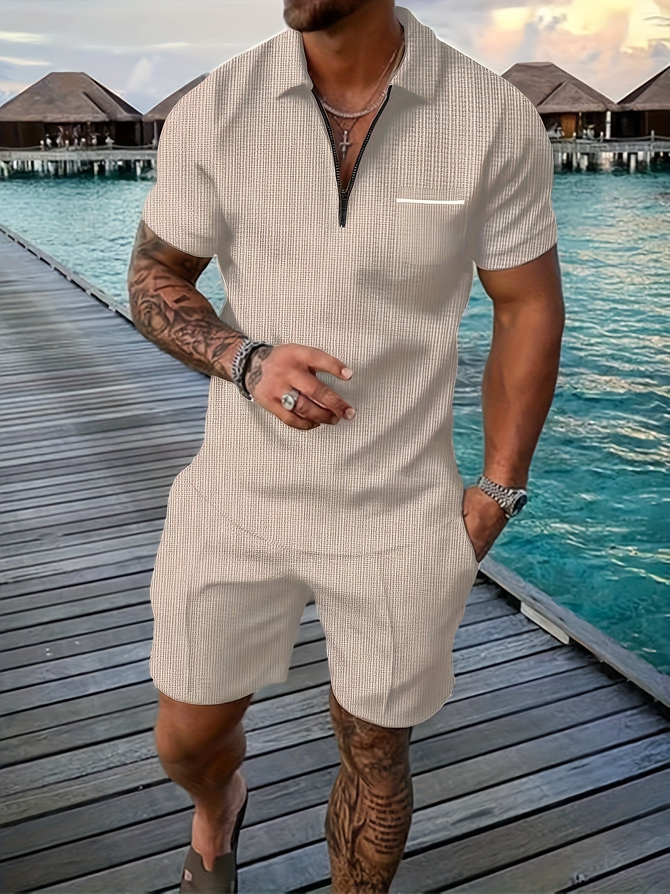 Men's beige polo shirt and shorts co-ord set