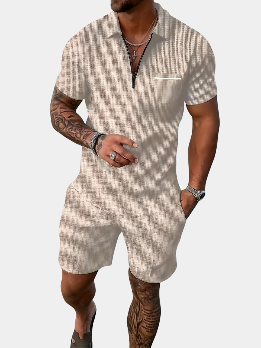 Men's beige polo shirt and shorts co-ord set
