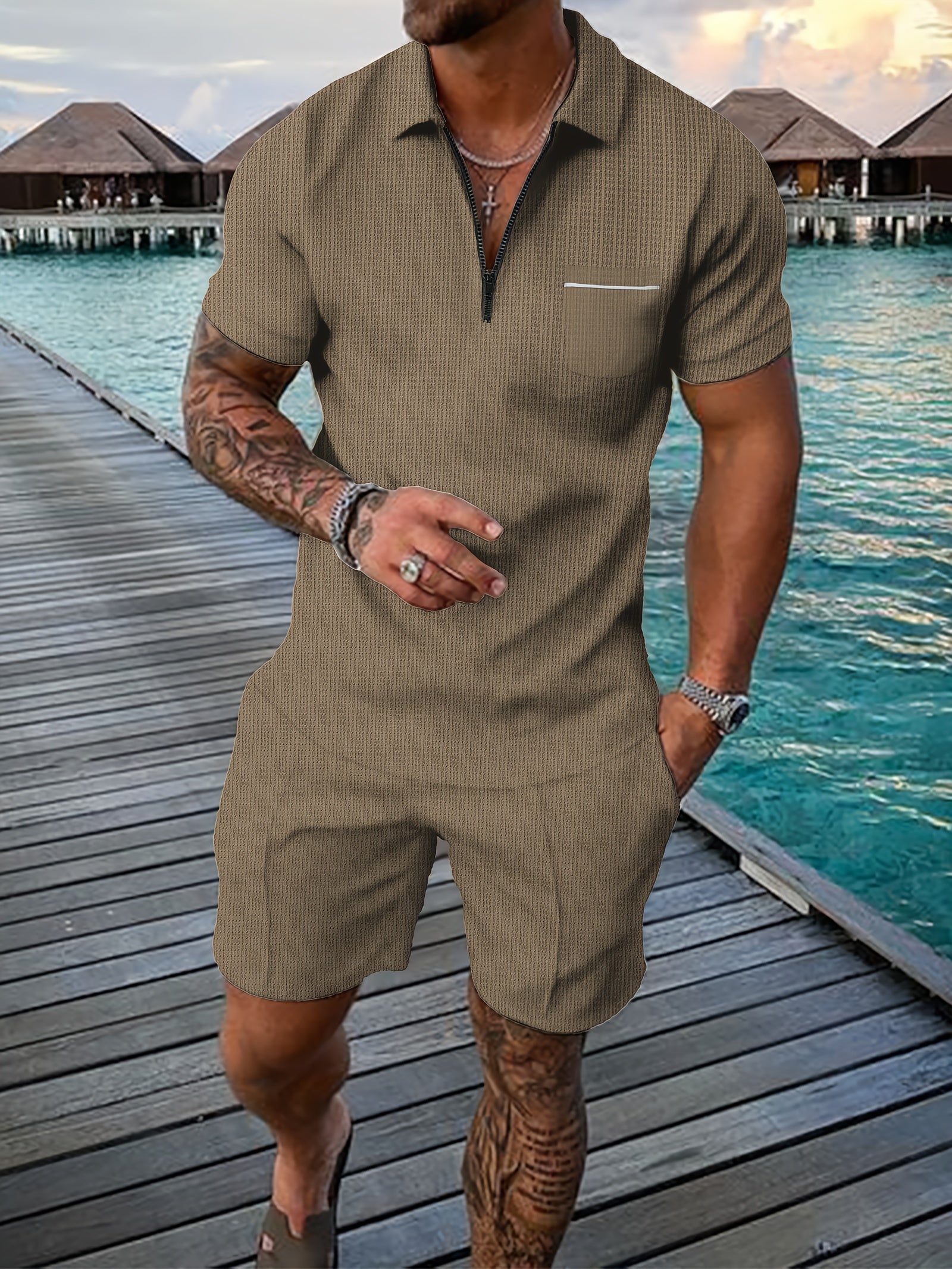 Men's beige polo shirt and shorts co-ord set
