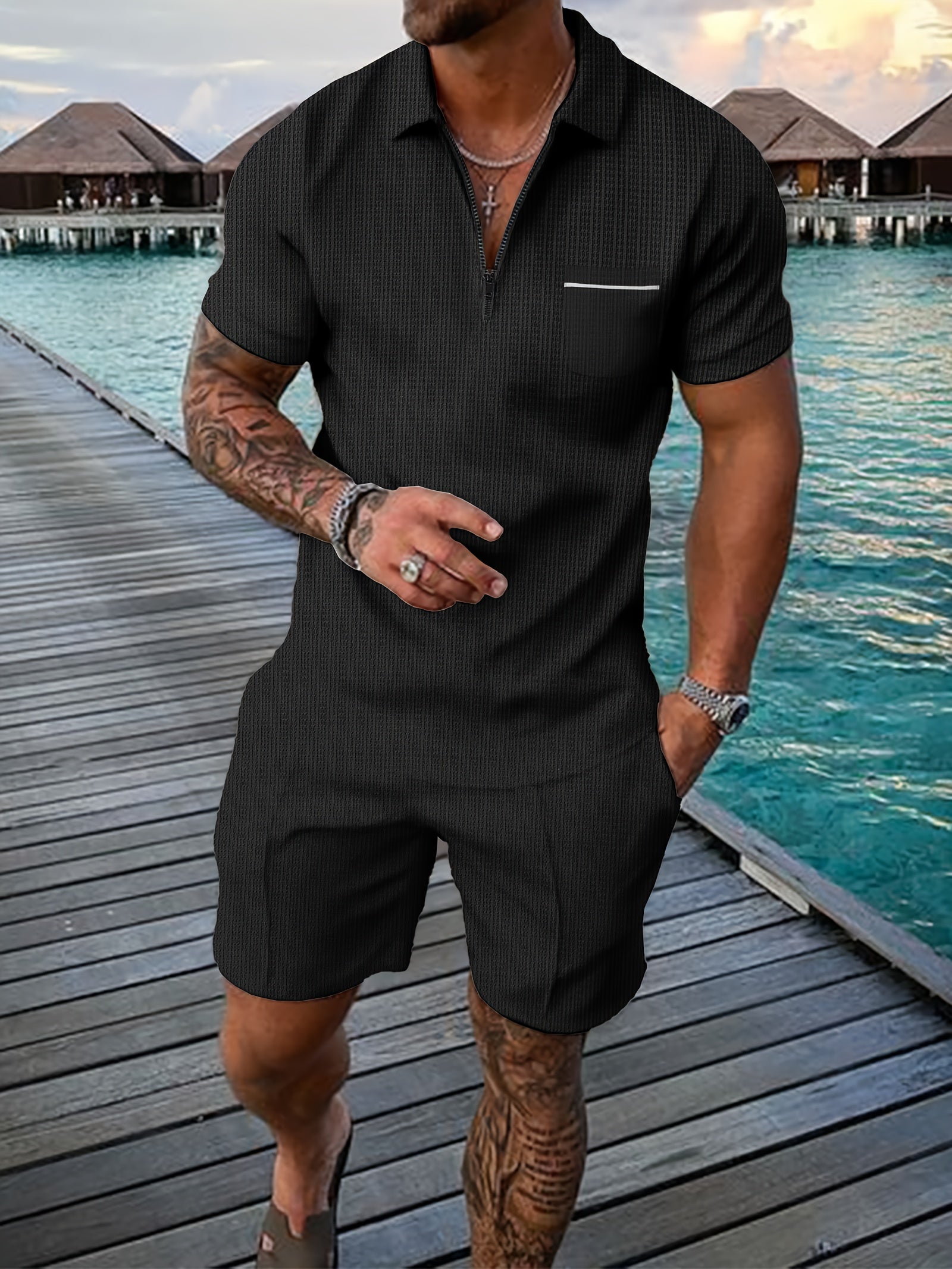 Men's beige polo shirt and shorts co-ord set