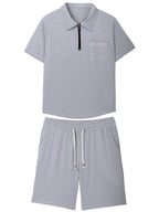 Men's grey polo shirt and shorts co-ord set