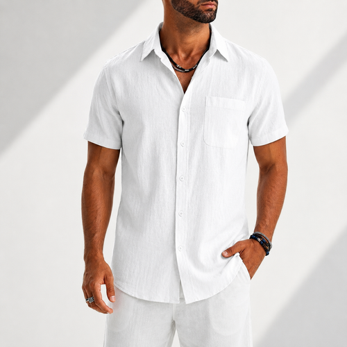 Men's white short sleeve shirt with a chest pocket