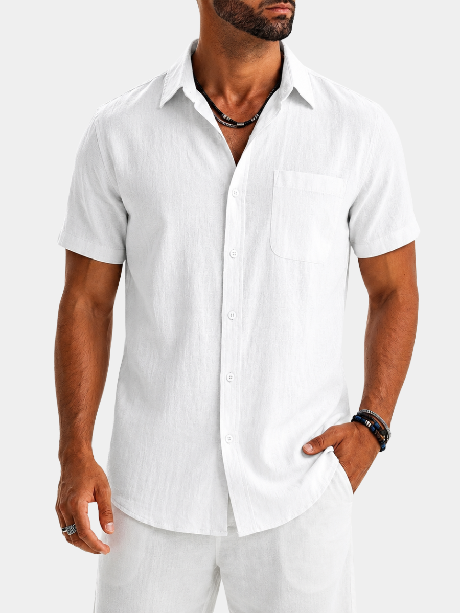Men's white short sleeve shirt with a chest pocket