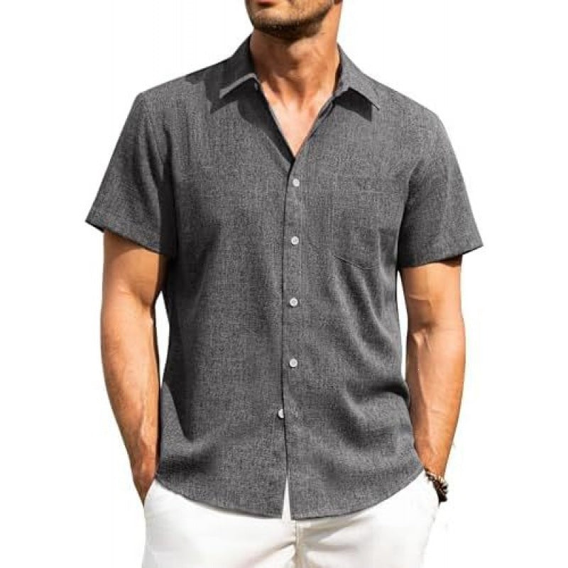 Men's beige short sleeve shirt with a chest pocket