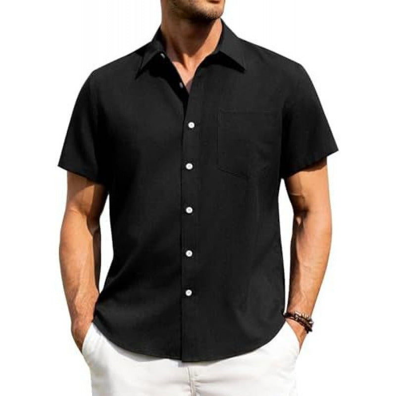 Men's beige short sleeve shirt with a chest pocket