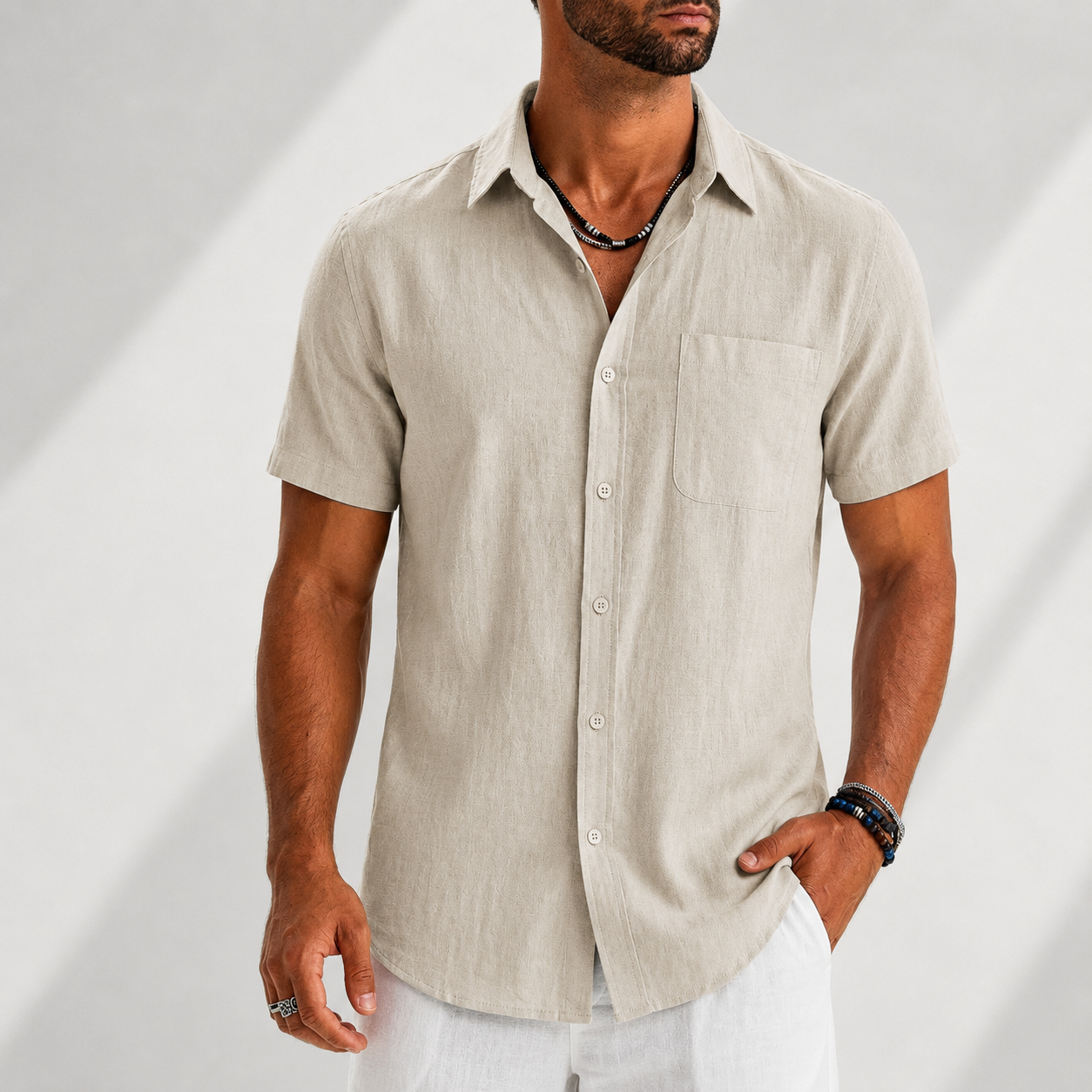Men's white short sleeve shirt with a chest pocket