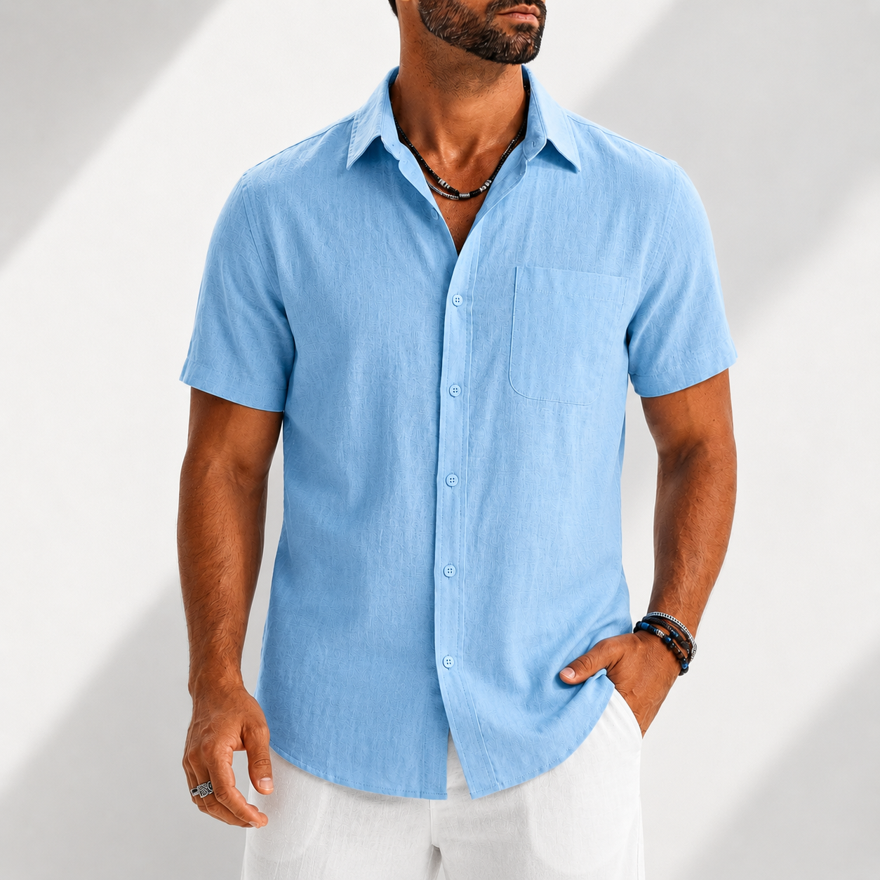 Men's white short sleeve shirt with a chest pocket