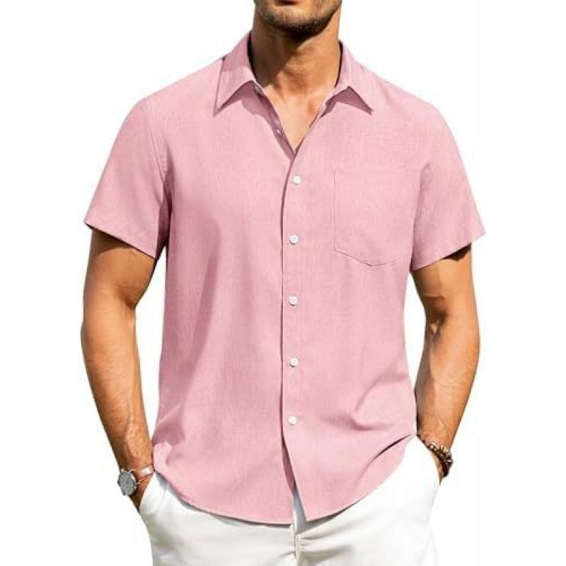 Men's beige short sleeve shirt with a chest pocket
