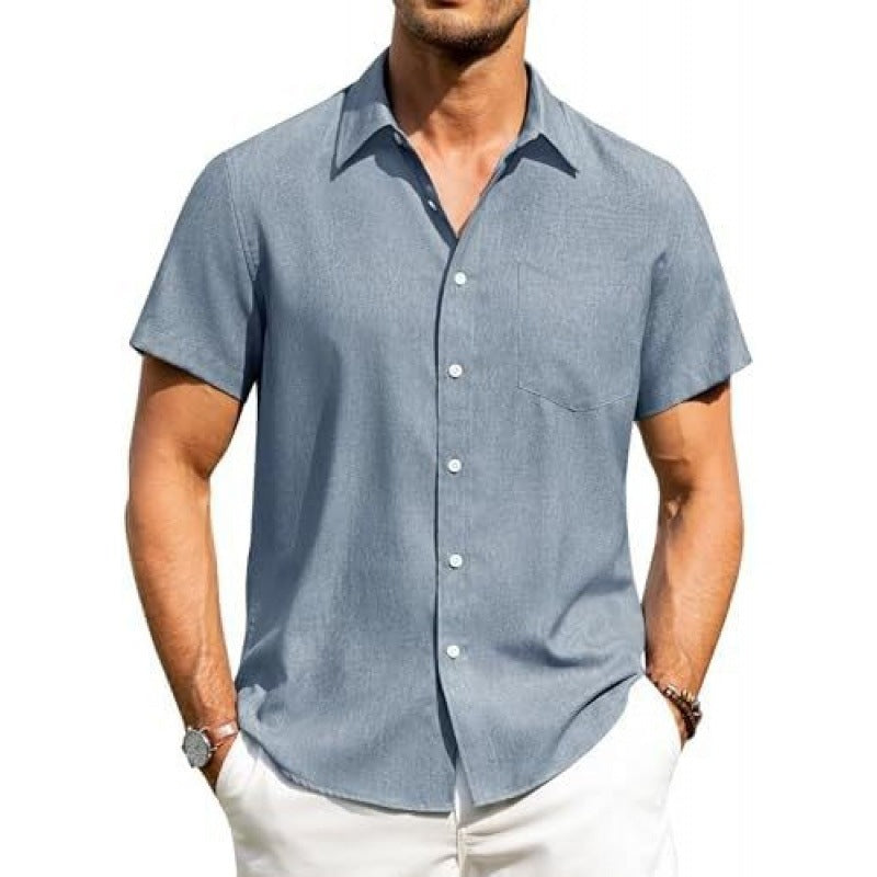 Men's beige short sleeve shirt with a chest pocket
