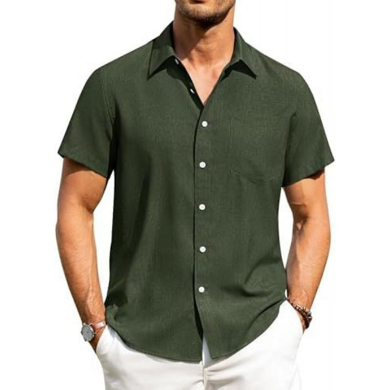 Men's beige short sleeve shirt with a chest pocket