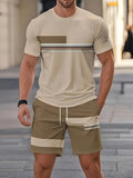 Men's beige t-shirt and shorts co-ord set with a striped print