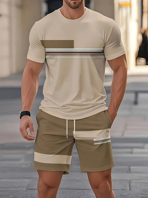 Men's beige t-shirt and shorts co-ord set with a striped print