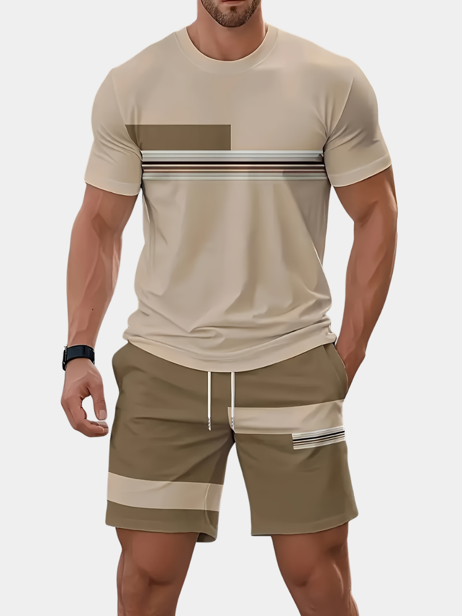 Men's beige t-shirt and shorts co-ord set with a striped print
