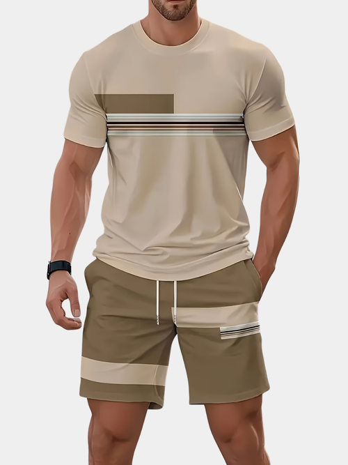 Men's beige t-shirt and shorts co-ord set with a striped print