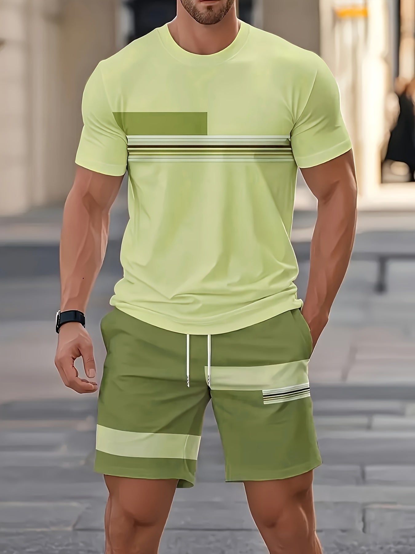 Men's beige t-shirt and shorts co-ord set with a striped print