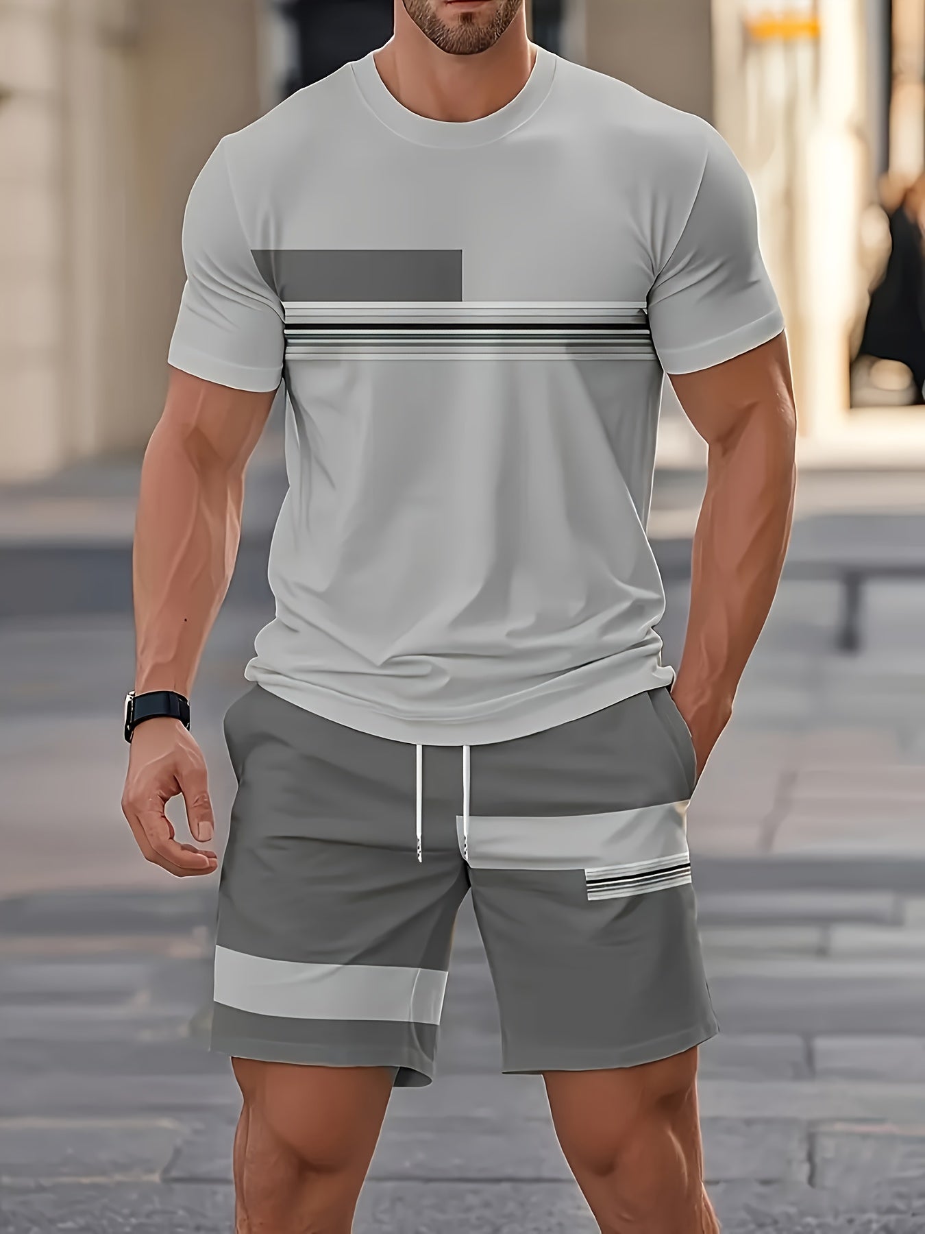 Men's beige t-shirt and shorts co-ord set with a striped print