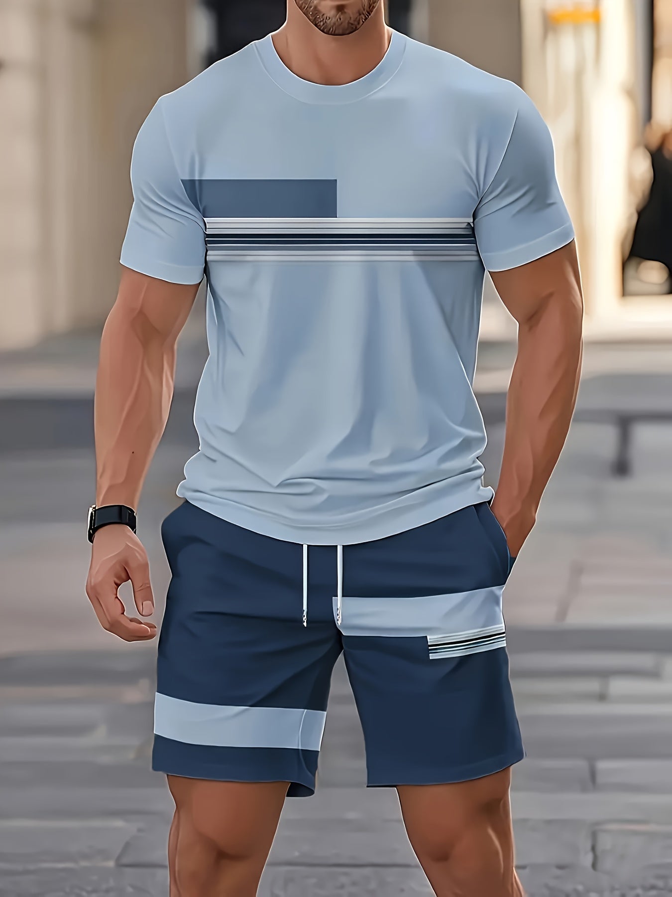 Men's beige t-shirt and shorts co-ord set with a striped print