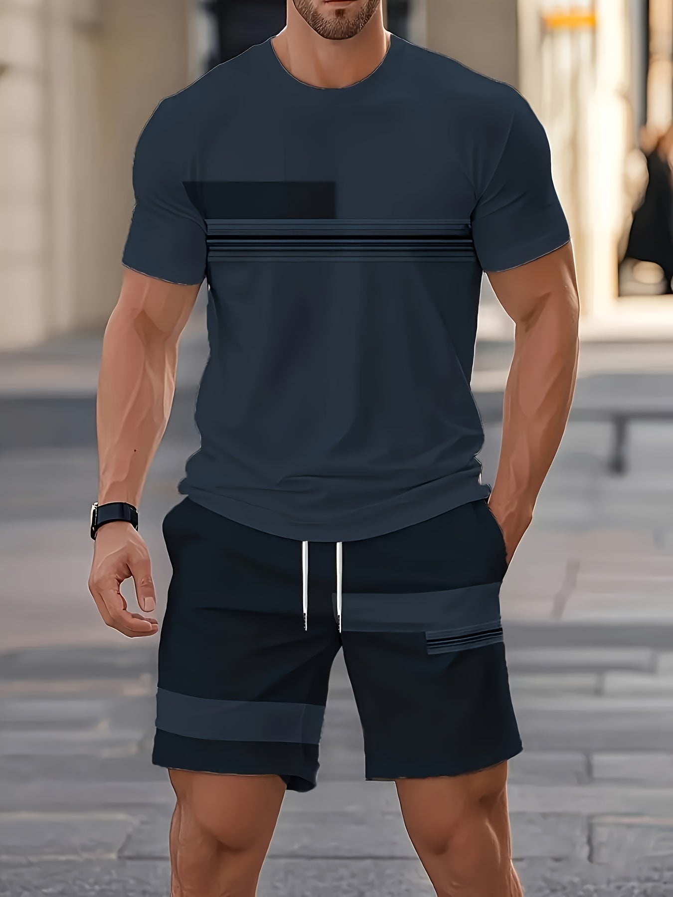 Men's light green t-shirt and shorts co-ord set with a striped print