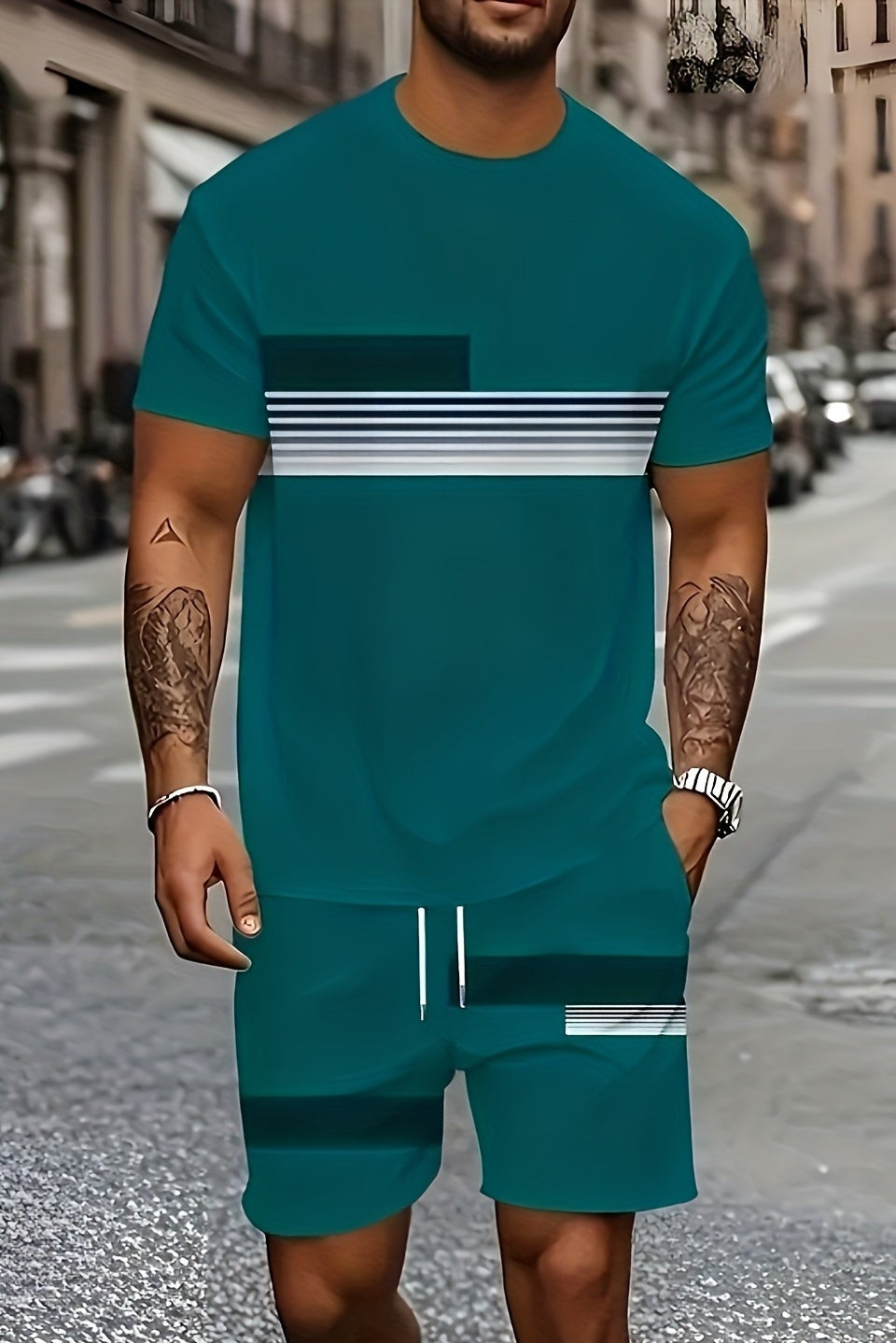 Men's light green t-shirt and shorts co-ord set with a striped print