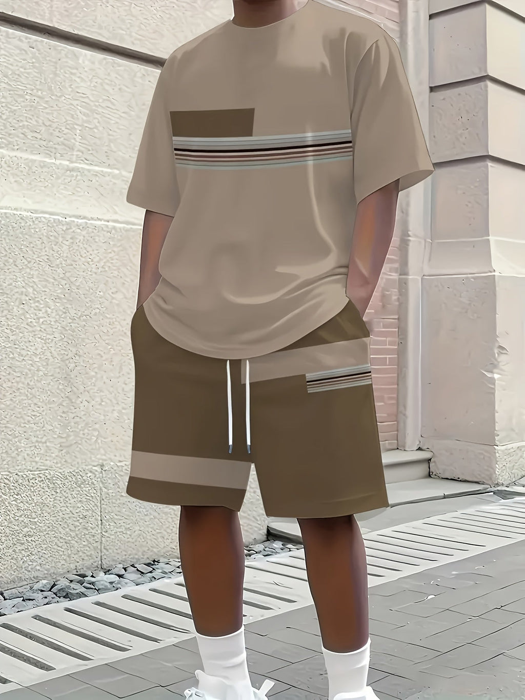 Men's light green t-shirt and shorts co-ord set with a striped print