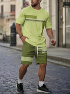 Men's light green t-shirt and shorts co-ord set with a striped print