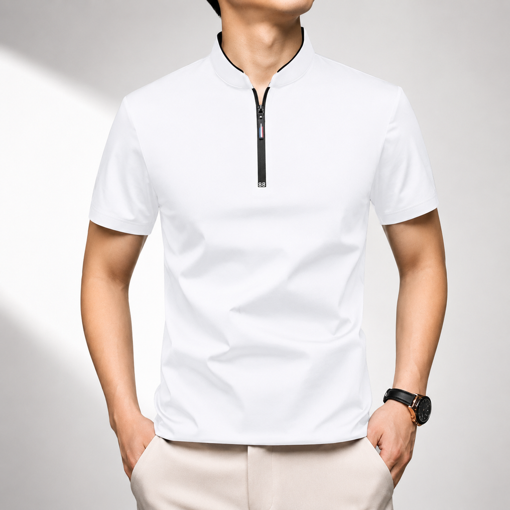 Men's white quarter zip polo shirt with a mock neck